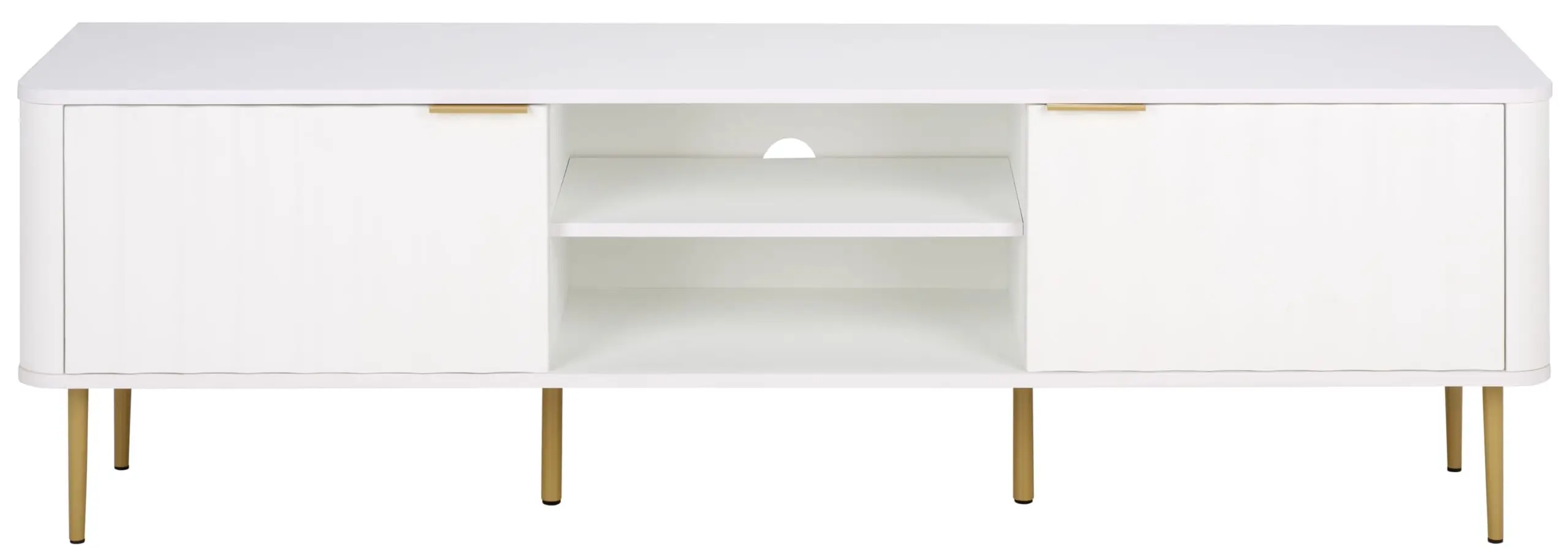 

Modern White TV Stand With Gold Tone Legs 3 Door Entertainment Console For Living Room