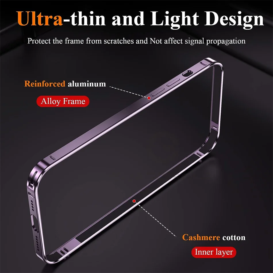 Funda de lujo con marco de aluminio ligero para iPhone 12 13 14 Plus 15 16 17 Pro Max, borde delgado de aleación, accesorios traseros 4