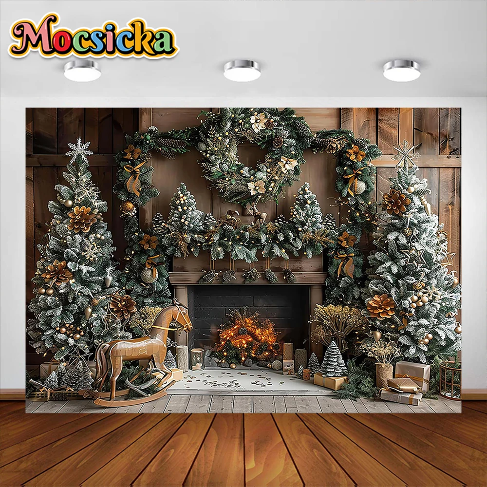 Christmas Fireplace Photography Background XMAS Tree Toy Rocking Horse Party Decoration Boy Girl photo Backdrop For Studio