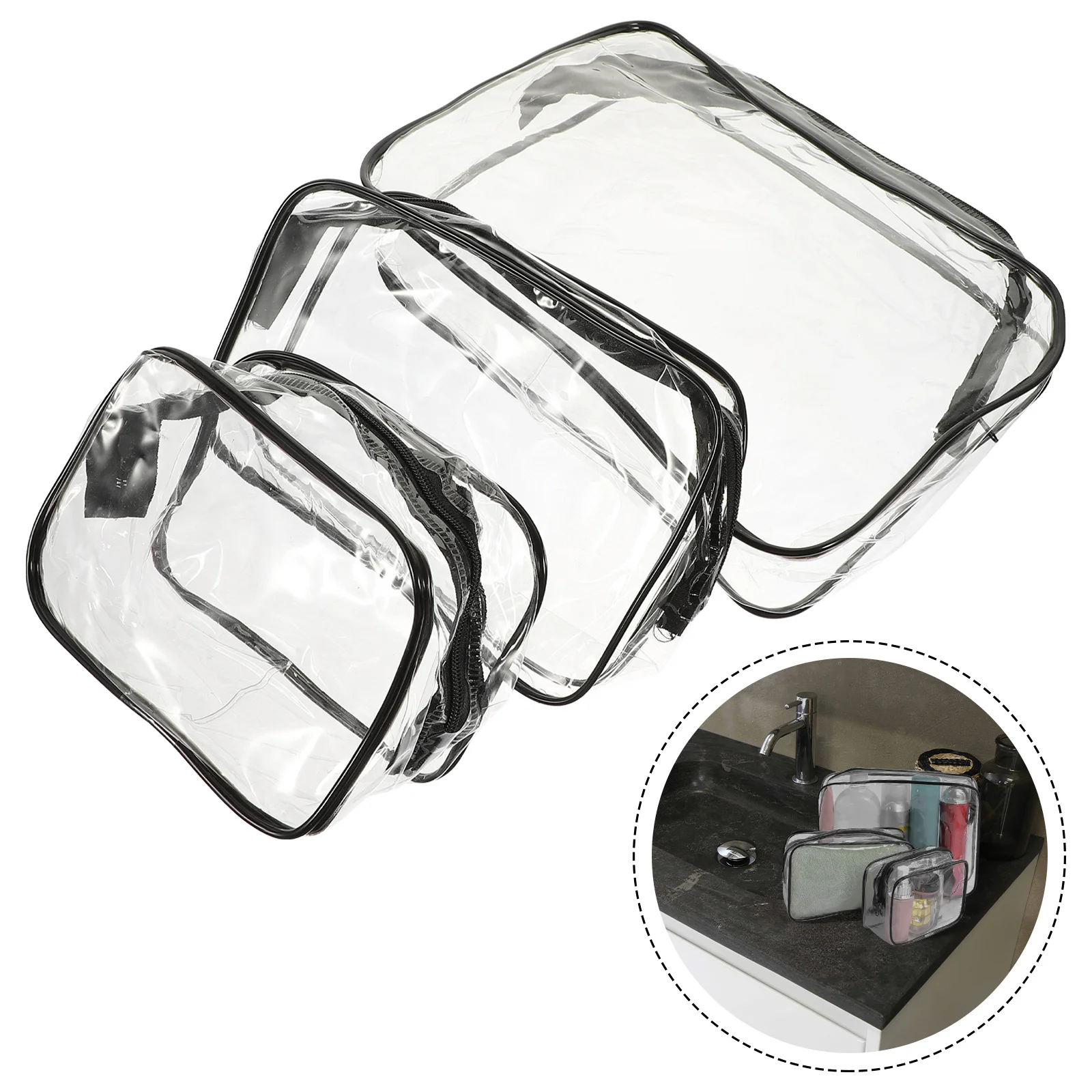 

3 Pcs Makeup Pouch Pvc Storage Bag Toiletry Organizer Clear Water Proof Container Black Travel