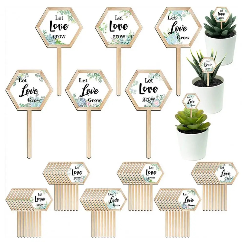 

48Pcs Potted Labels Let Love Grow Printing Hexagon Wooden Plant Stakes for Wedding Favors Garden Decoration Wedding Party Supply