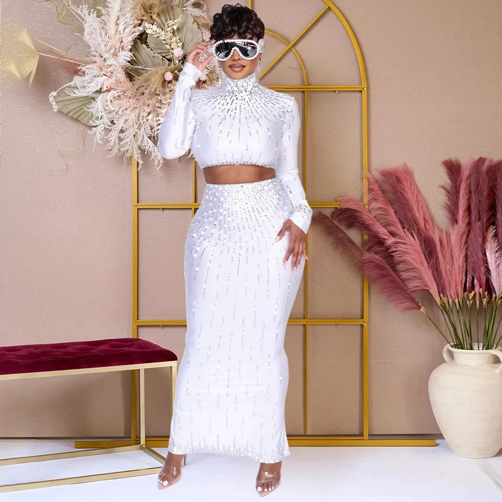 여성 세트 거리 긴 소매 인쇄 자르기 탑 + 높은 허리 롱 스커트 정장 섹시한 파티 휴일 두 2 조각 세트 드레스