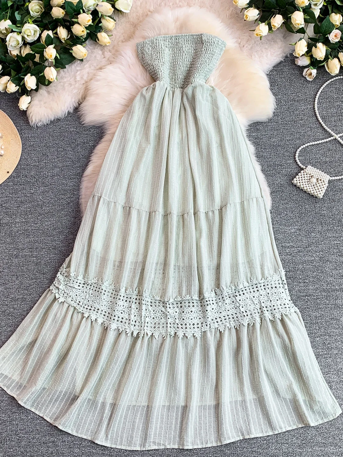Sexy Lace Trim Halter Dress Women's Slimming Gathered Waist Long Skirt Spring Summer Breathable Skin-friendly A-line Dress