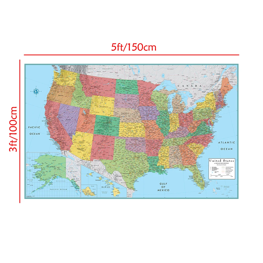 The Map of The United State Non-woven Canvas Painting Wall Art Posters and Prints Classroom Supplies Room Home Decor 150*100cm