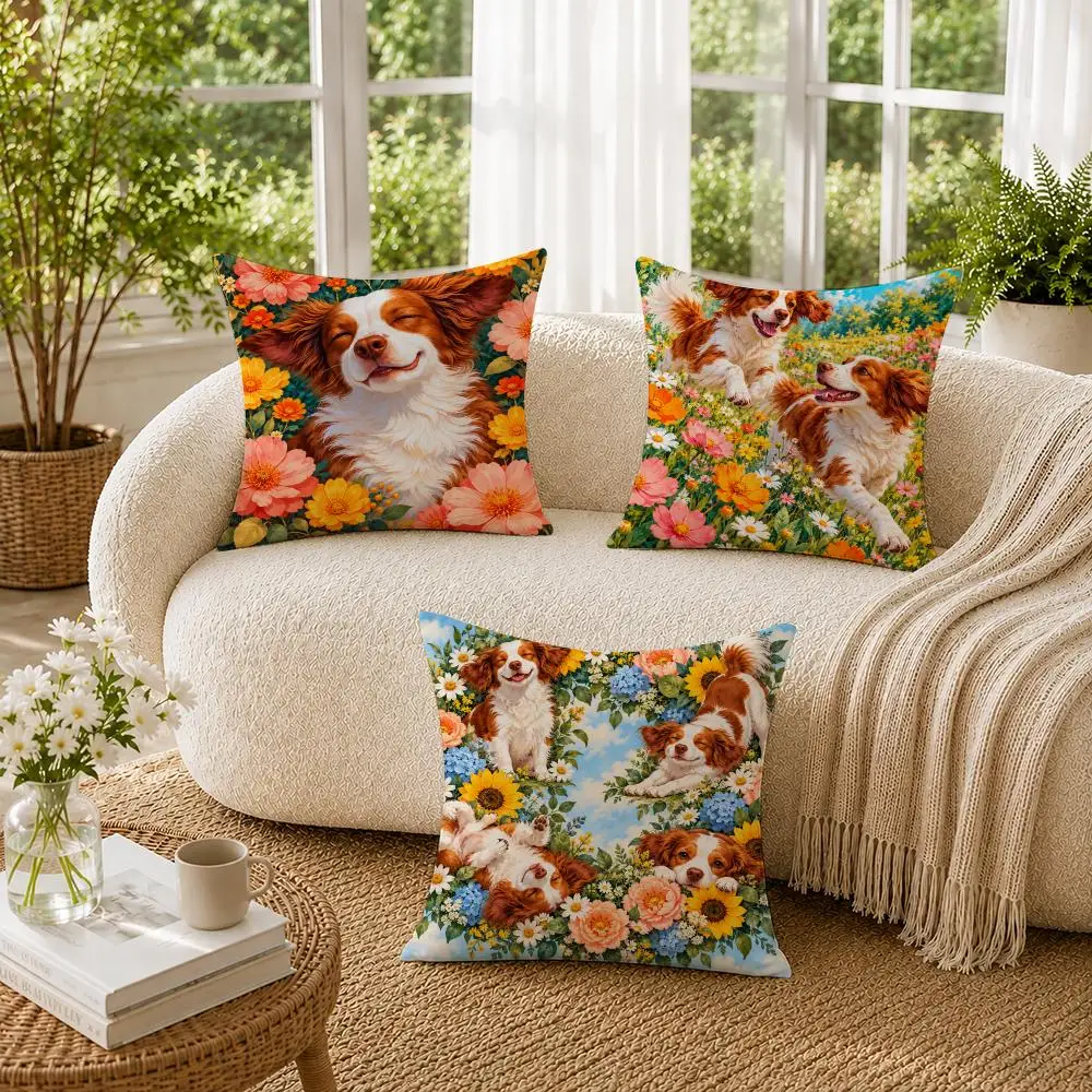 Dog Floral Happy Whimsical Cushion Cover Soft Short Plush Pillow Cases Hidden Zipper Cutecore Sofa Bedroom Home Decor Gift