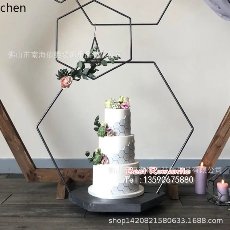 

PYH Modern Iron Decoration Hexagonal Iron Cake Stand gold Vintage Wooden Cake Stand Wedding Birthday