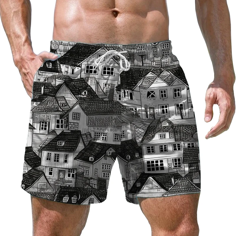 Pantaloncini da surf stampati in 3D per la casa in bianco e nero pantaloncini Casual larghi pantaloncini da vacanza al mare estivi pantaloncini da uomo ad asciugatura rapida