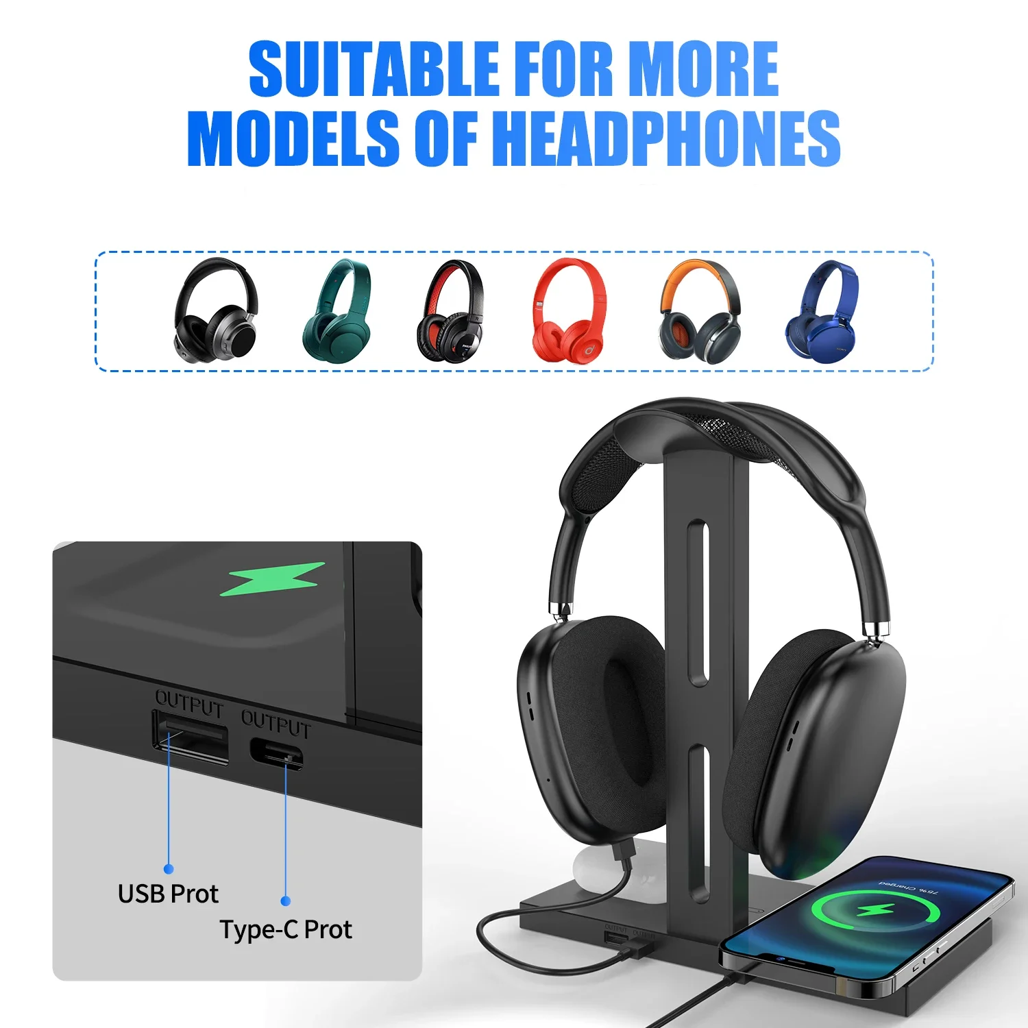 Multiport Wired Wireless Rechargeable Earphone Phone Removable Type C Headphones Holder 3 in 1 Charging Stand Desktop Storage