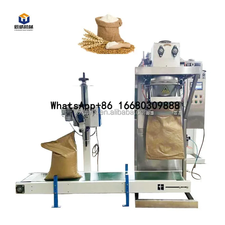 CW Automatic 5- 25kg wheat flour corn rice powder bag weighing packaging  with conveyor and sewing machine