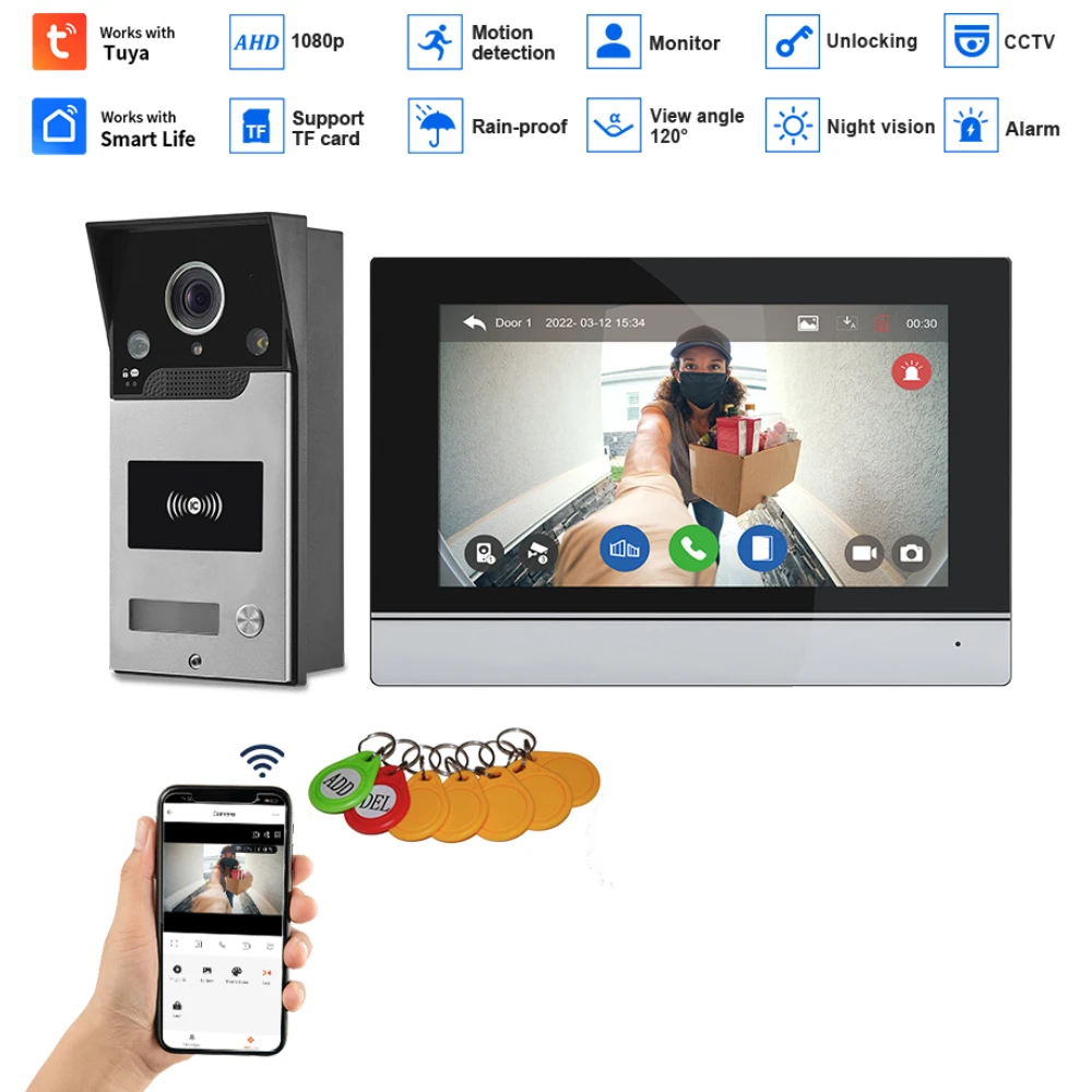 

1080P Video Intercom Wifi 7 Inch Monitor Kit for Apartment System Home Security Wired Doorbell Card Swipe Private House Tuya