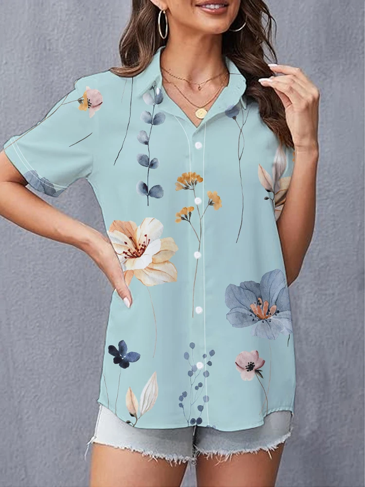 

Летняя Женская Модная и удобная рубашка с отложным воротником и короткими рукавами женская рубашка с маленьким цветочным 3D Цифровым принтом