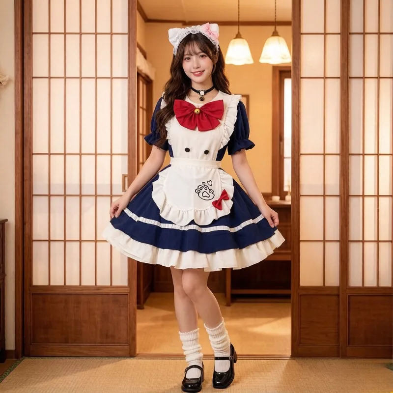 

Cute Lolita Maid Cosplay Outfit Lace Bow Apron Dress Halloween Masquerade Party Fancy Anime Theme Performance Costume Uniform