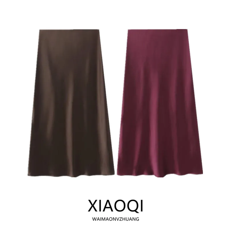 

2024 Autumn Winter New Sle Women's Midi Skirt Silk Satin Texture Versatile mid Waist Length Long Other Material 00%