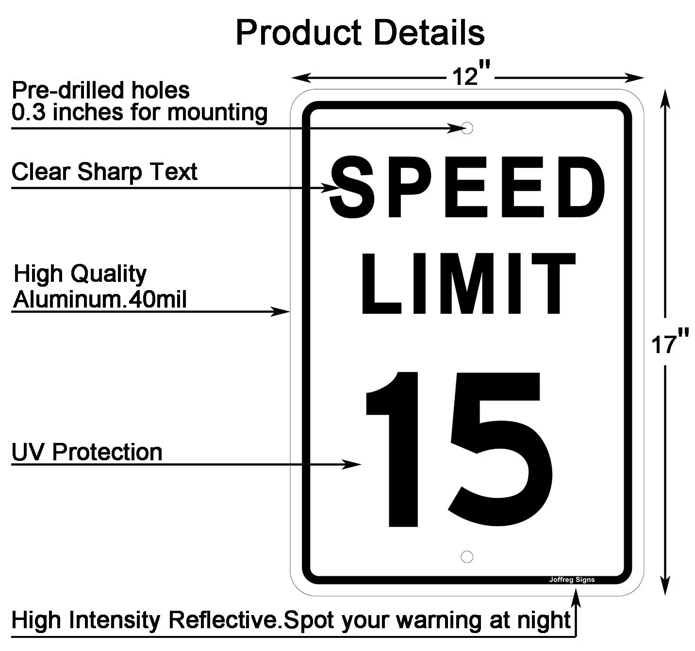 Joffreg 2 Pack Speed Limit 15 MPH Sign,17 x12 Inches,Reflective Aluminum