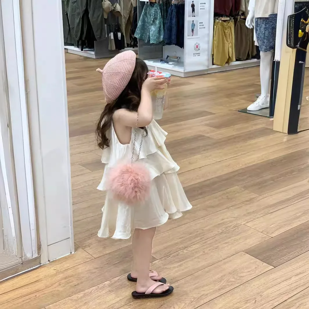 Girl Dress 2024 Summer Korean Style Children Wear New Girls Holiday Style Sweet Flanged Slip Dress Fashion Cake Dress