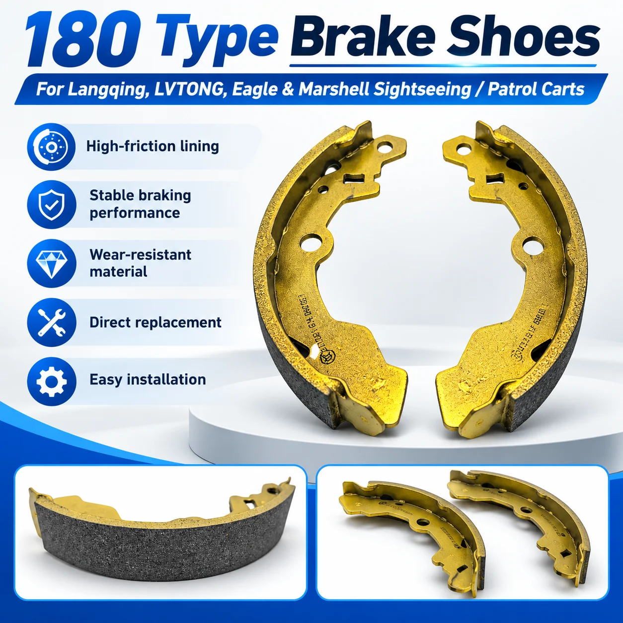 180 Type Brake Shoes for Langqing LVTONG Patrol Cart, Replacement Brake Pads for EAGLE Marshell Sightseeing Vehicle