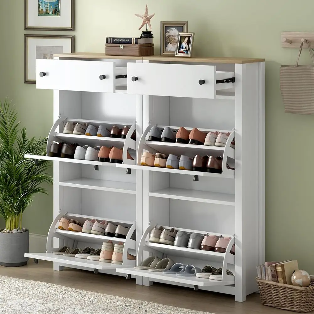 

Space-Saving Shoe Cabinet Set with 4 Drawers, Wood-Textured Top for Entryway or Hallway, White