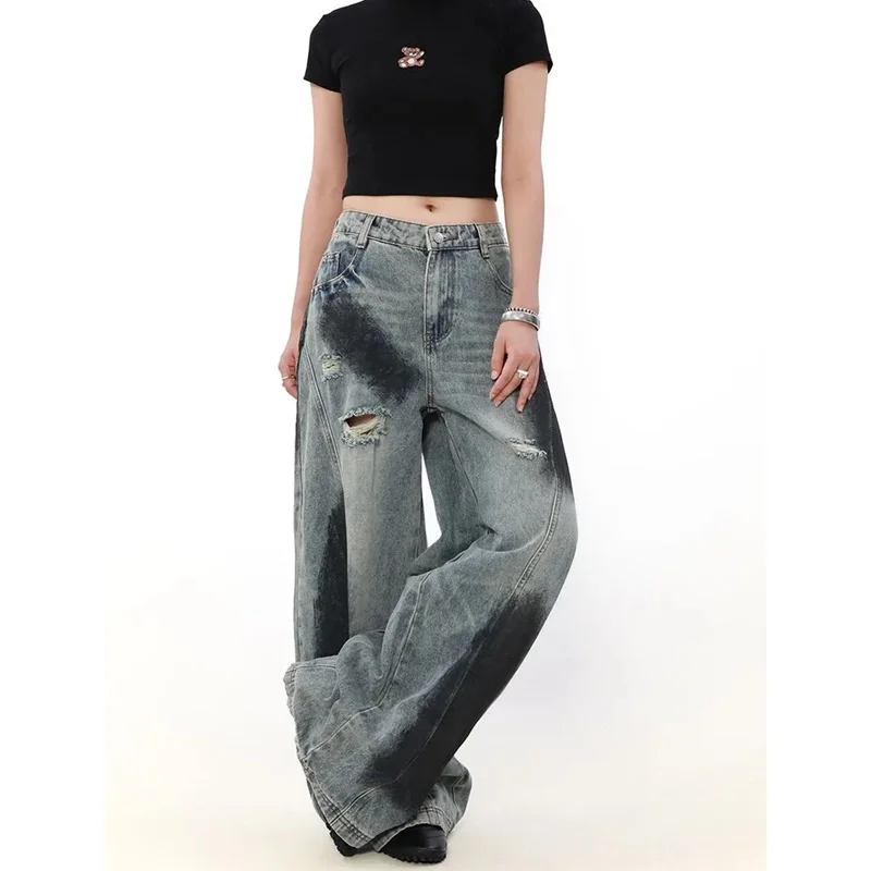 Niebieskie damskie jeansy z wysokim stanem Vintage Classic Straight Baggy Denim Pants Street Y2K American Style Wide Leg Denim Trouser