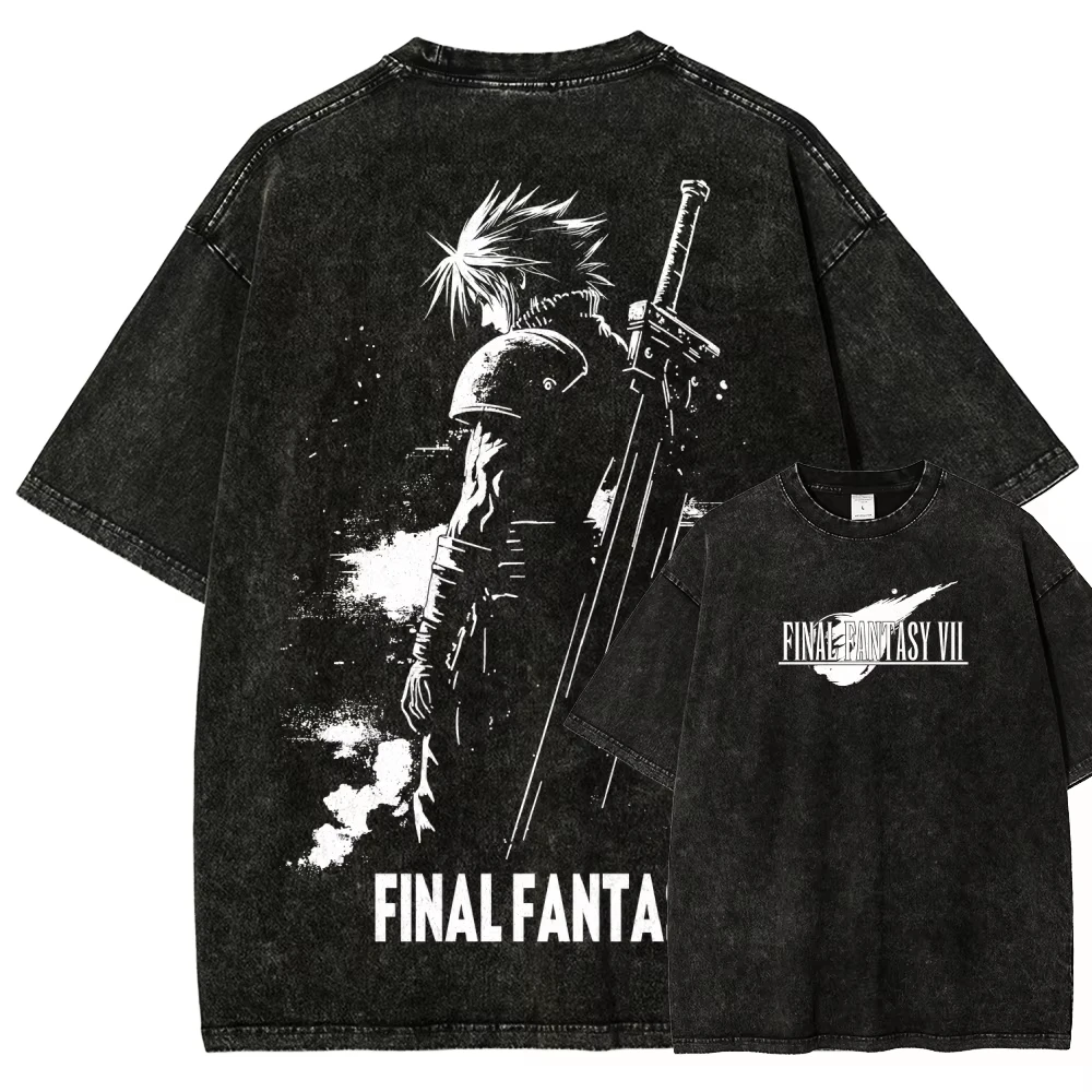 Final Fantasy Personality Graphic Washed Cotton T‑shirt Unisex 2026 New Year‑Round Streetwear Short Sleeve Casual Tops