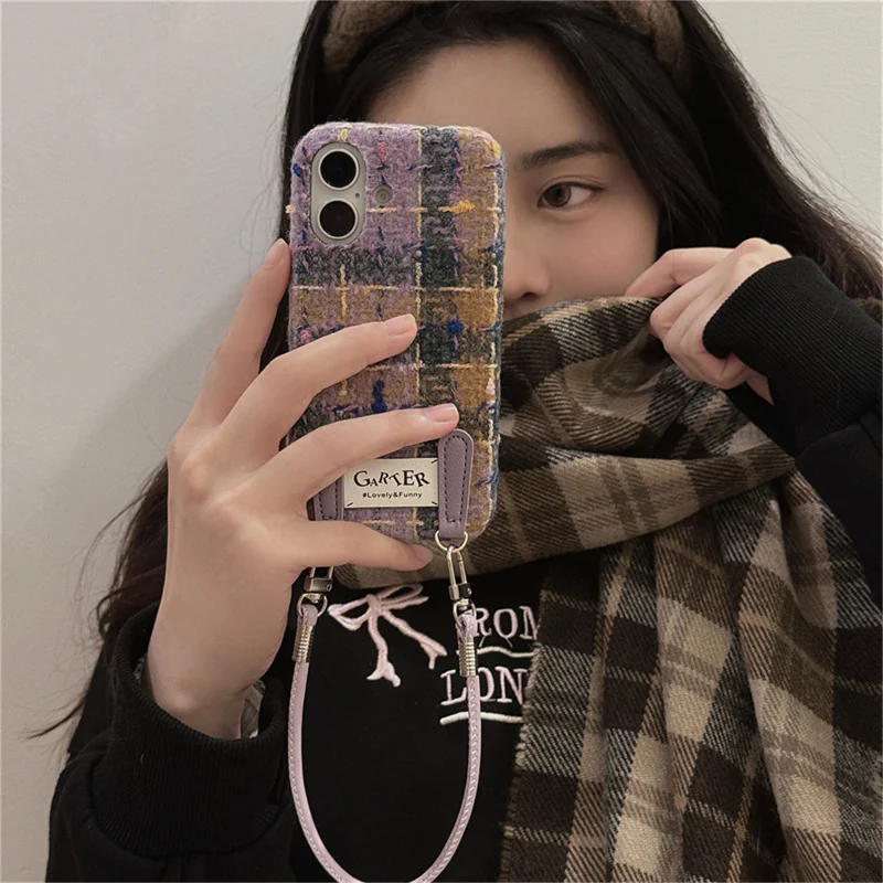 Colorful Wool Plaid Phone Case with lanyard, Soft Fabric Case for iPhone 16 Pro, 14, 13, 15, Pro Max, Apple 16, 15, Plush