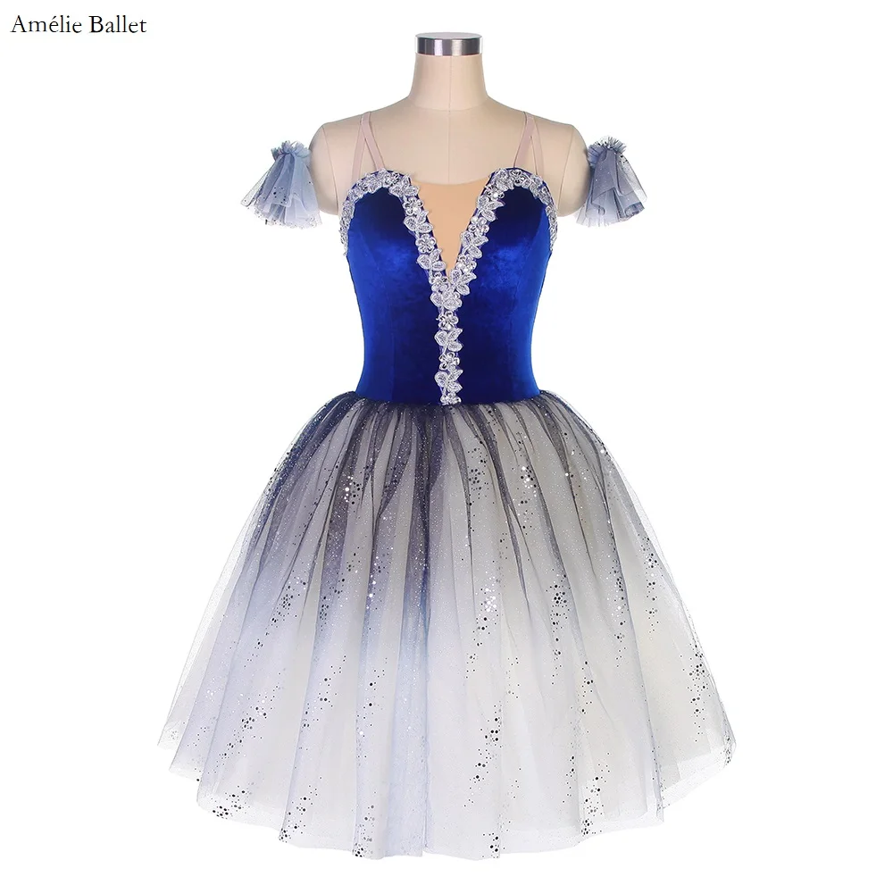 

20530 Adults Navy Blue Velvet Bodice with Ombre Black to White Romantic Tutu Skirt Camisole Ballet Dress Ballerina Tutu Costumes