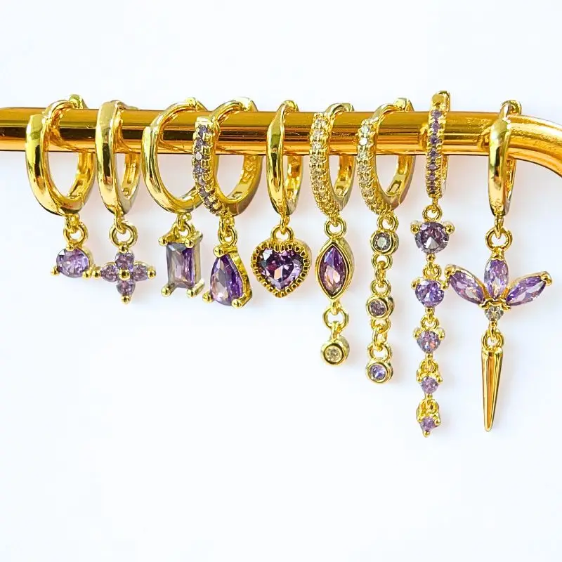 925 Sterling Silver Needle Luxury Purple Zircon Heart Stud Earrings For Women Fashion Geometry Pendant Gold Earring Fine Jewelry