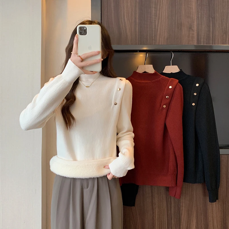 

Korean Fashion Women's Sweater Winter Half High Collar Long SleevePlush Thick Warm Pullovers Casual