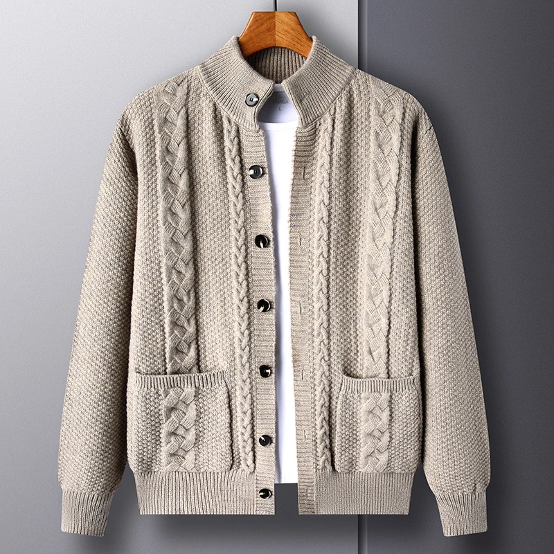 

High end fashion retro jacquard men's knitted jacket 2023 autumn/winter new Korean casual solid color sweater cardigan coat