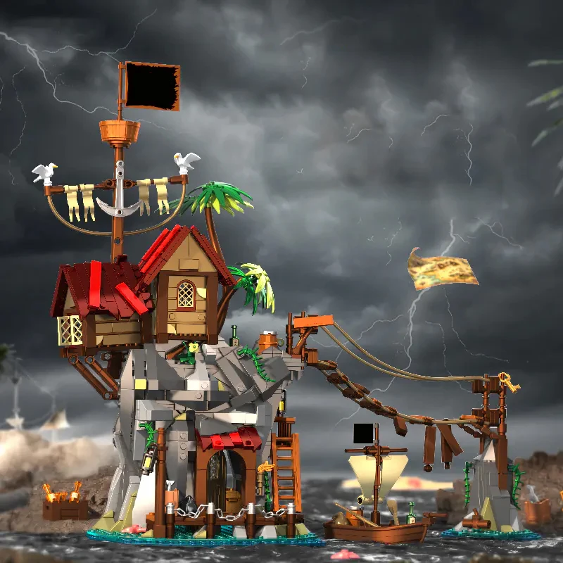 MOC-Juego de bloques de construcción de muelles medievales, mercado de la Bahía de Pirata y casa de muelle pirata, modelo de arquitectura, juguetes de ensamblaje, regalos para niños