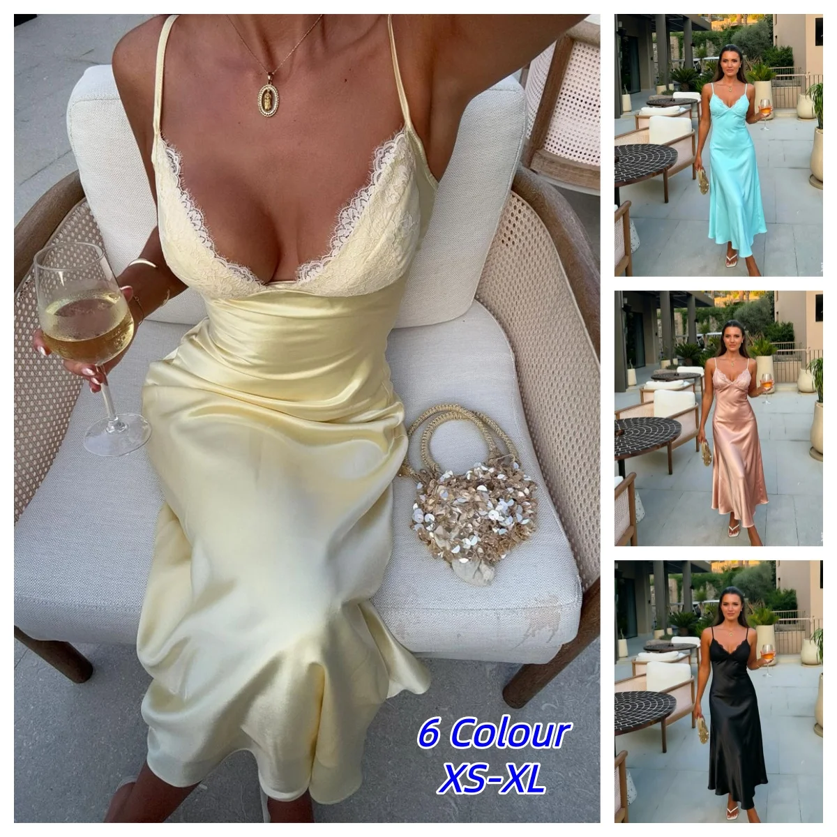 Butter Yellow Satin Bias Cut Lace Patchwork Midi Dress Women's V Neck Backless Suspenders Dresses 2026 New Dinner Party Vestidos