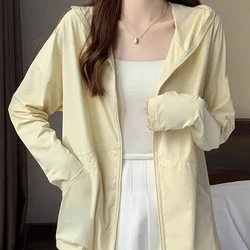 Spring Women Solid Hoodies Korean Loose Casual Thin Coat Hooded White Zipper Sun Protection Sweatshirt New