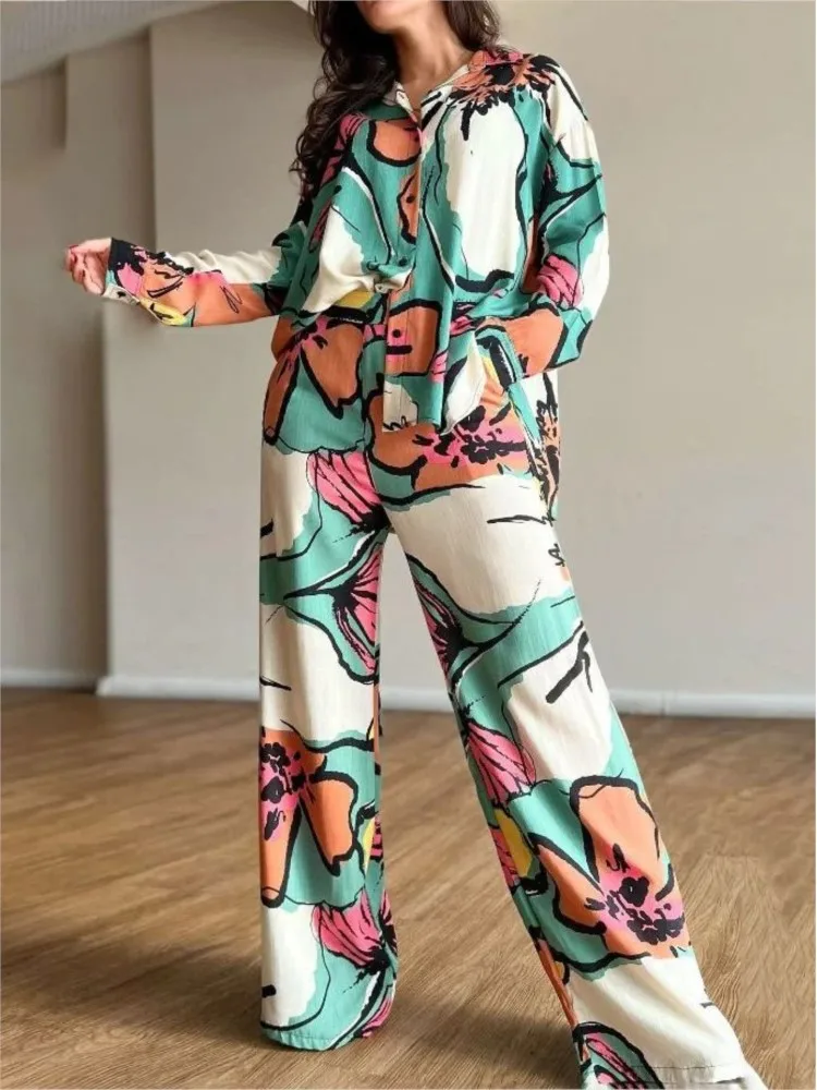 2024 Long Pant Sets Print Shirt Two Piece Set For Women Loose Wide Legs Trousers Suits Fashion Casual Long Sleeve Two Piece Suit