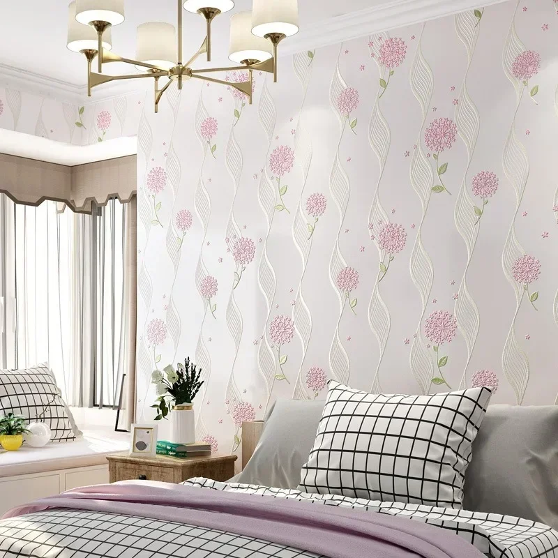 Simple Wave Pattern Large Flower Non Woven Fabric Self Adhesive Wallpaper Girl Pink Children Wallpapers 3D