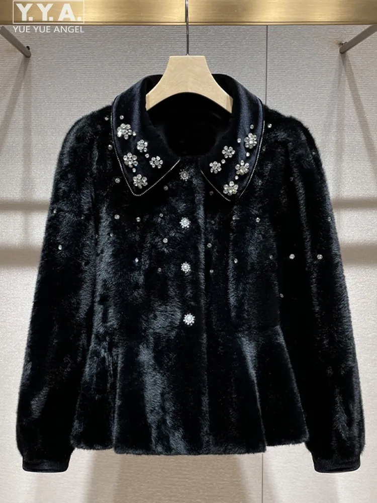 Elegant Women Imitation Mink Fur Jacket Long Sleeve Outerwear Slim Fit Designer Office Ladies Fashion Diamonds Inlaid Short Coat