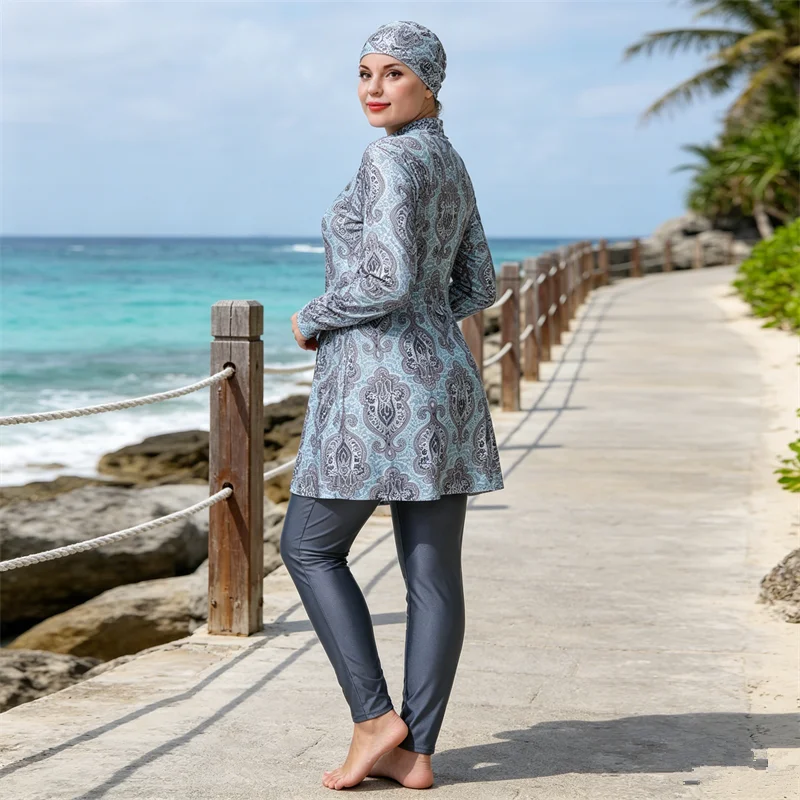 

3PCS Burkini Femme Musulmane Women Swimsuit Patchwork Muslim Sport Swimwear Islam Burkinis Wear Conservative Maillot De Bain