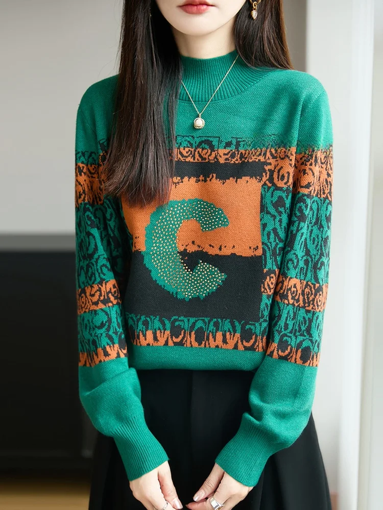 

Женский вязаный свитер больших размеров с принтом и высоким воротником, утягивающий топ, внутренняя одежда, мягкий длинный свек для поездок на работу, стандартный крой