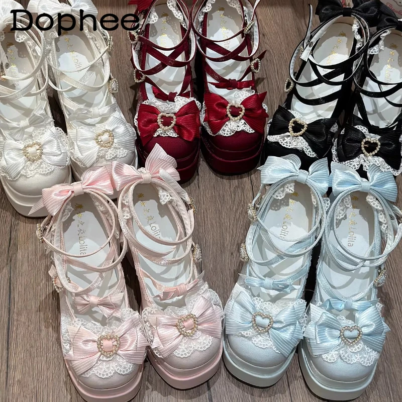 

Original Red Lolita Heels Pumps Women Spring and Summer Lady Sweet Elegance Kawaii Bow Lace Platform Shoes Girls Mary Jane Shoes