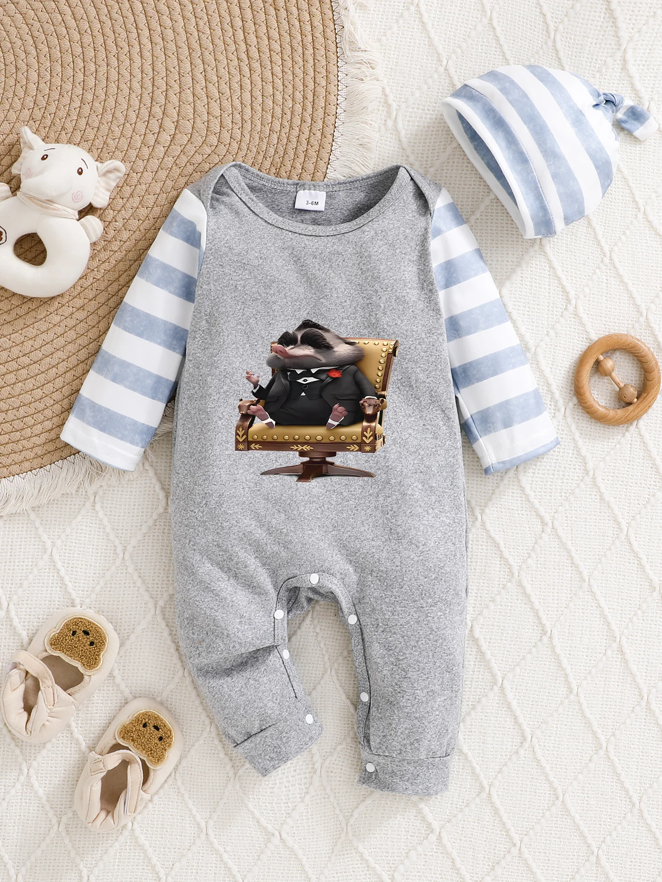 

【Официально авторизованный】 Комбинезон с капюшоном Disney Mr. Big Baby | Нежная и уютная ткань, полосатый принт на рукавах