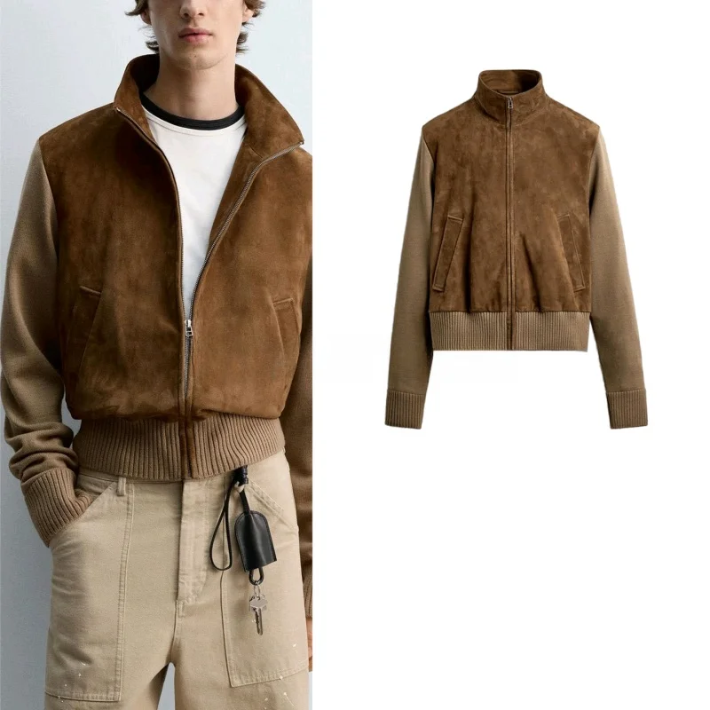 

Autumn New Men's PU Leather Knitted Splicing Stand Collar Long Sve ort Jaet Outerwear Casual Sle Zipper Closure