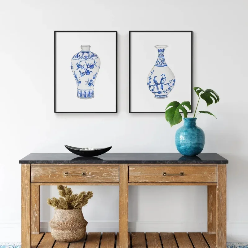 Watercolor China Ming Porcelain Vase Poster Blue and White Chinoiserie Art Print Canvas Painting Eastern Art Home Wall Decor