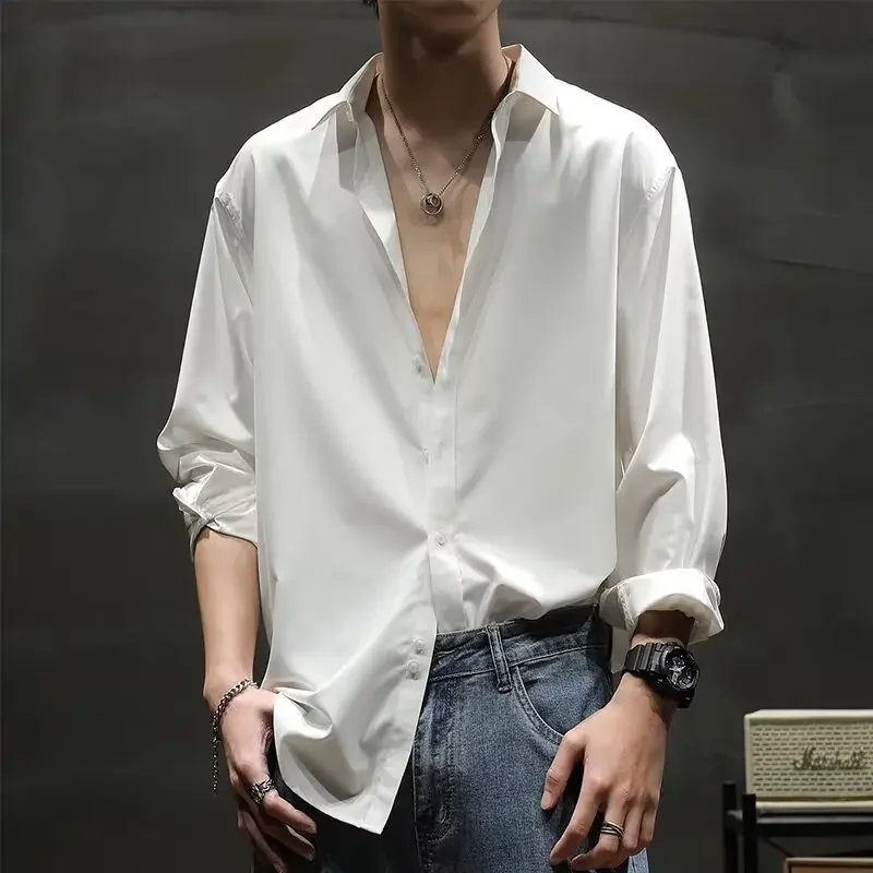 Loose-fit Long Sleeve Casual Shirt Solid Color Versatile Sensible Design Anti-wrinkle White Collar Shirt For Men Women