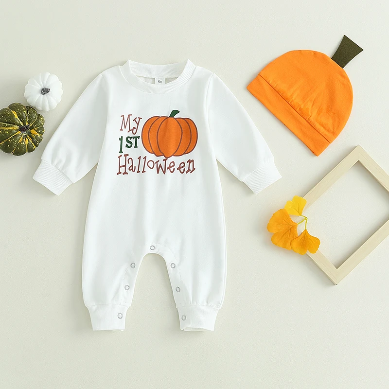 Baby Girls Boys Rompers Halloween Clothes Pumpkin Letter Print Long Sleeve Jumpsuits Fall Bodysuits with Hat