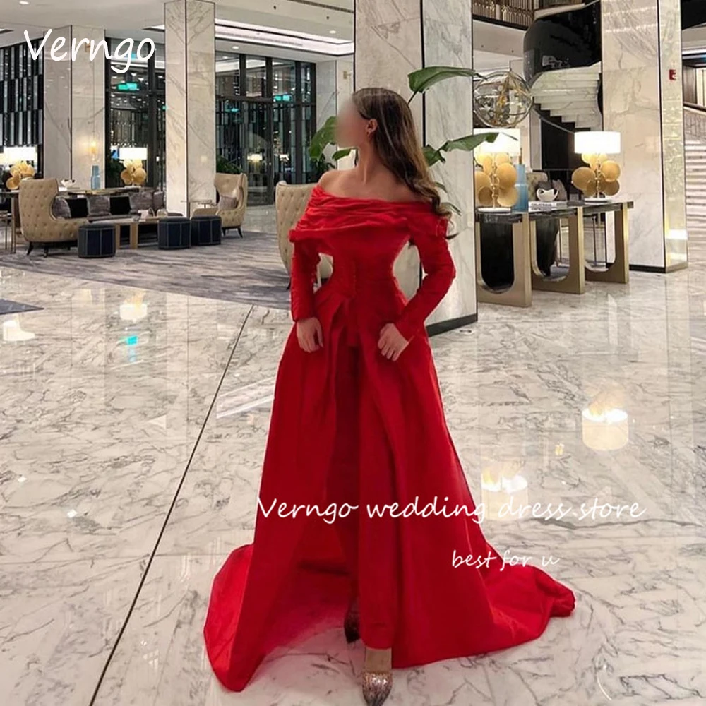 

Verngo Red Off the Shoulder Evening Dresses Long Sleeves Saudi Arabic Lady Celebrity Dress Formal Party Prom Gowns 2023 Vestidos