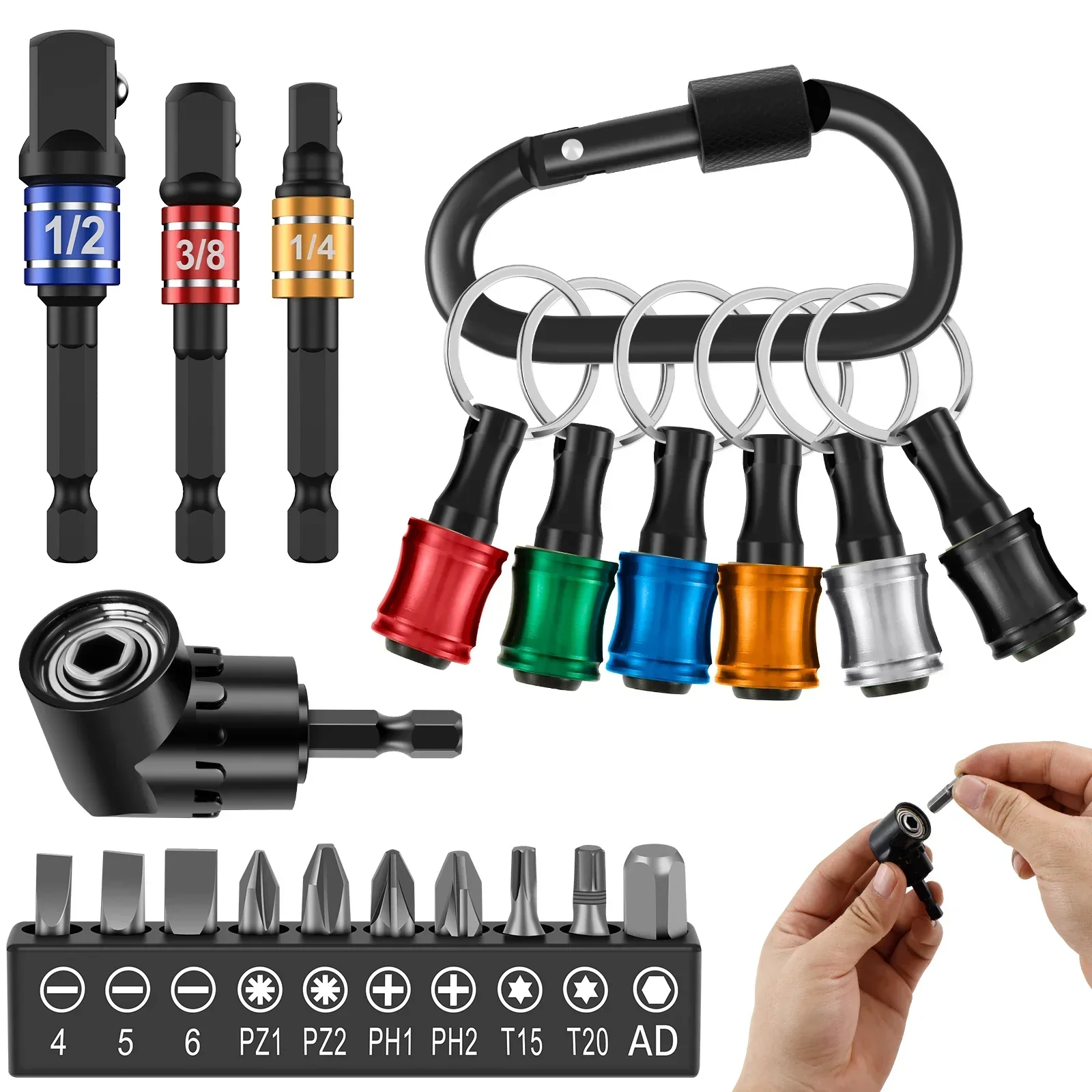 21Pcs 1/4 Inch Hex Shank Screwdriver Bit Holder Zinc Alloy Bit Holder Keychain with 1/4inch 3/8inch 1/2inch Drill Socket Adapter