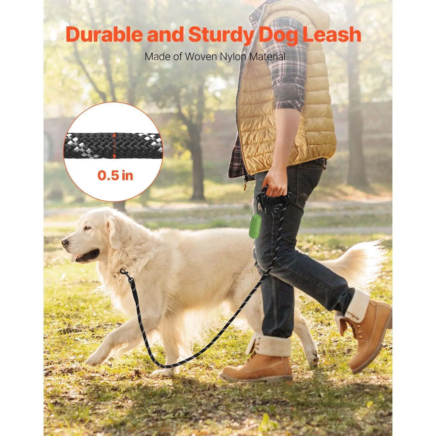 Rope Dog Leash, 6ft Heavy Duty Dog Leash with Comfortable Padded Handle, Strong Nylon Thick Leash with Reflective Threads, Dog walking and Training Leash, for Medium Large Dogs (1/2 in, Black)