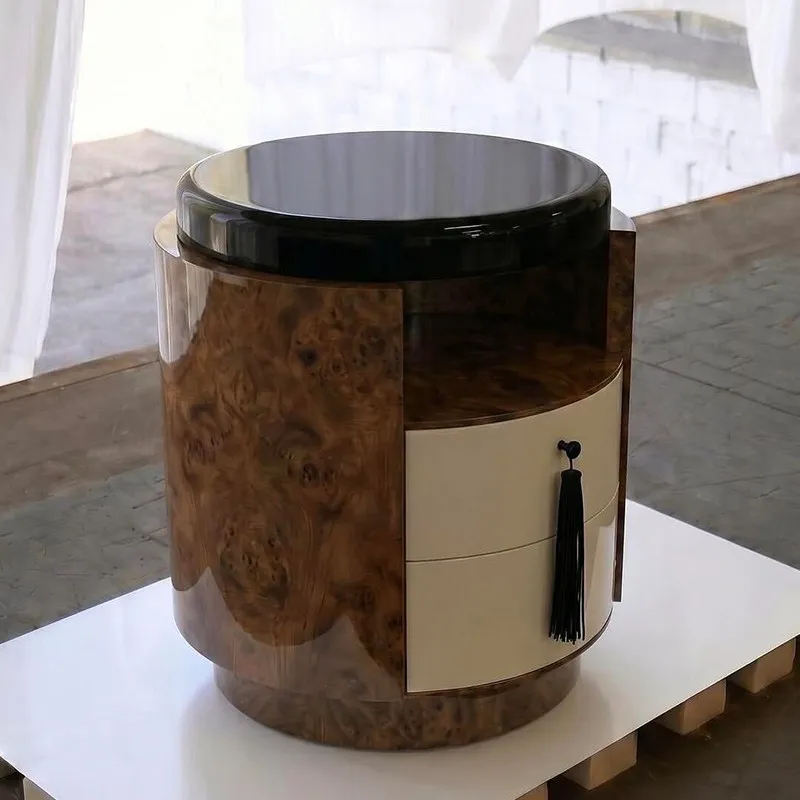 Modern Italian luxury round bedside table design, walnut bedside table, bedroom storage side table