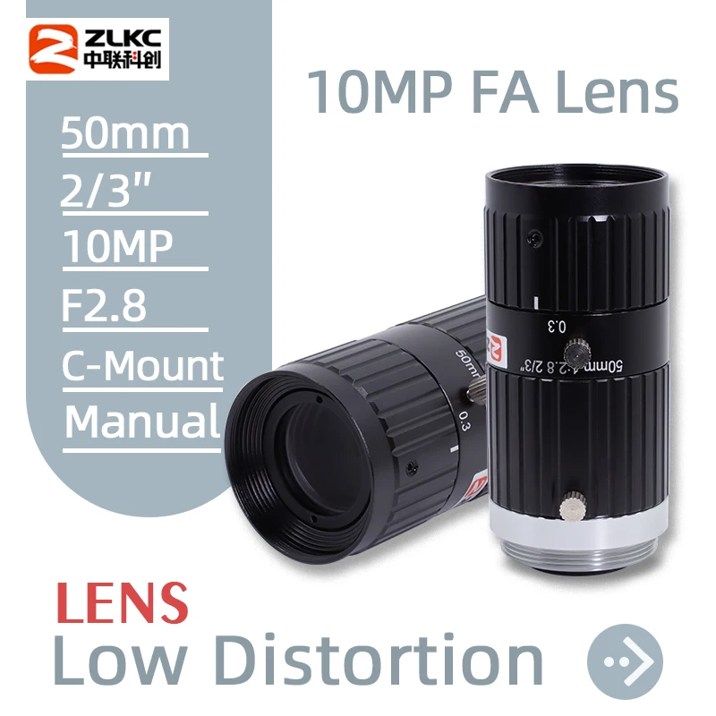 ZLKC 50mm Fixed Focus Lens 2/3'' CMOS Sensors C-Mount Camera 10MP High Definition Lens F2.8 cctv/fa Industrial Camera Lens