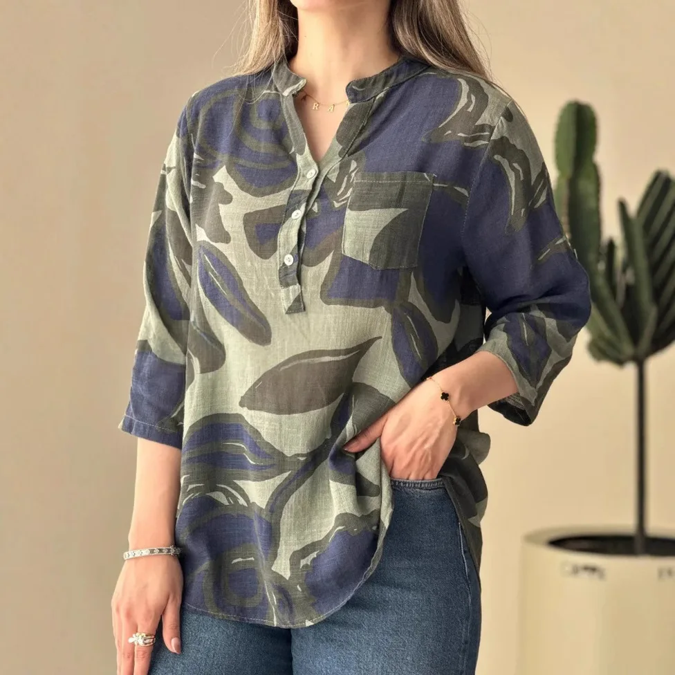 Women's sops with summer print V-neck seven point sleeve cover button down shirt women blouse elegant