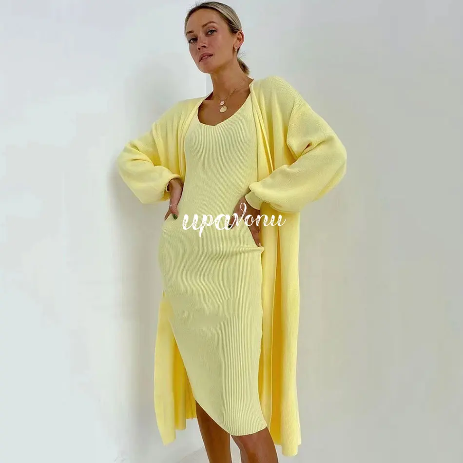 2024 Casual Knit Sling Dress Set V-neck Long Sleeve Loose Long Cardigan Jacket & Midi Dress Two-piece Set 2021 Autumn