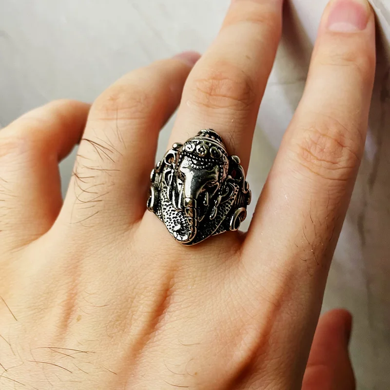 Retro Ganesha Elephant God Ring For Men Silver Color Punk Gothic Open Ring Handmade Designer Jewelry Unisex Hindu Accessories